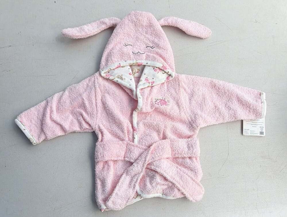Little Me Hooded Bathrobe Size 0-9M Pink Bunny Face Floral Trim